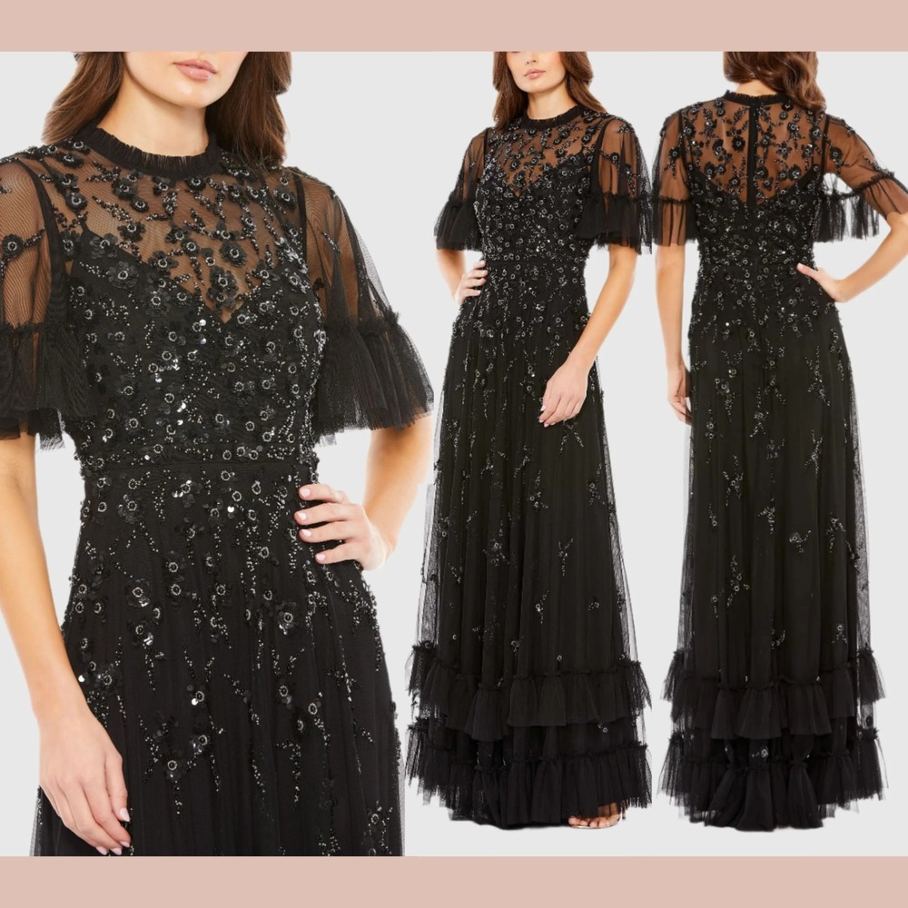 NWT Mac Duggal [‎ 6 ] 9199 Floral Embellished Flutter Sleeve A Line Gown J1457